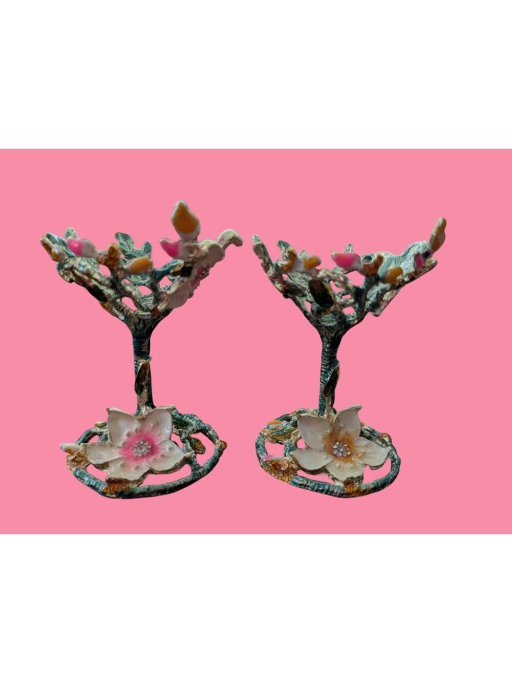 Handcrafted Floral Enamel Sphere Holders Pair With Rhinestone Accents And Intric